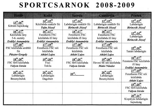 Sportcsarnok idbeosztsa
